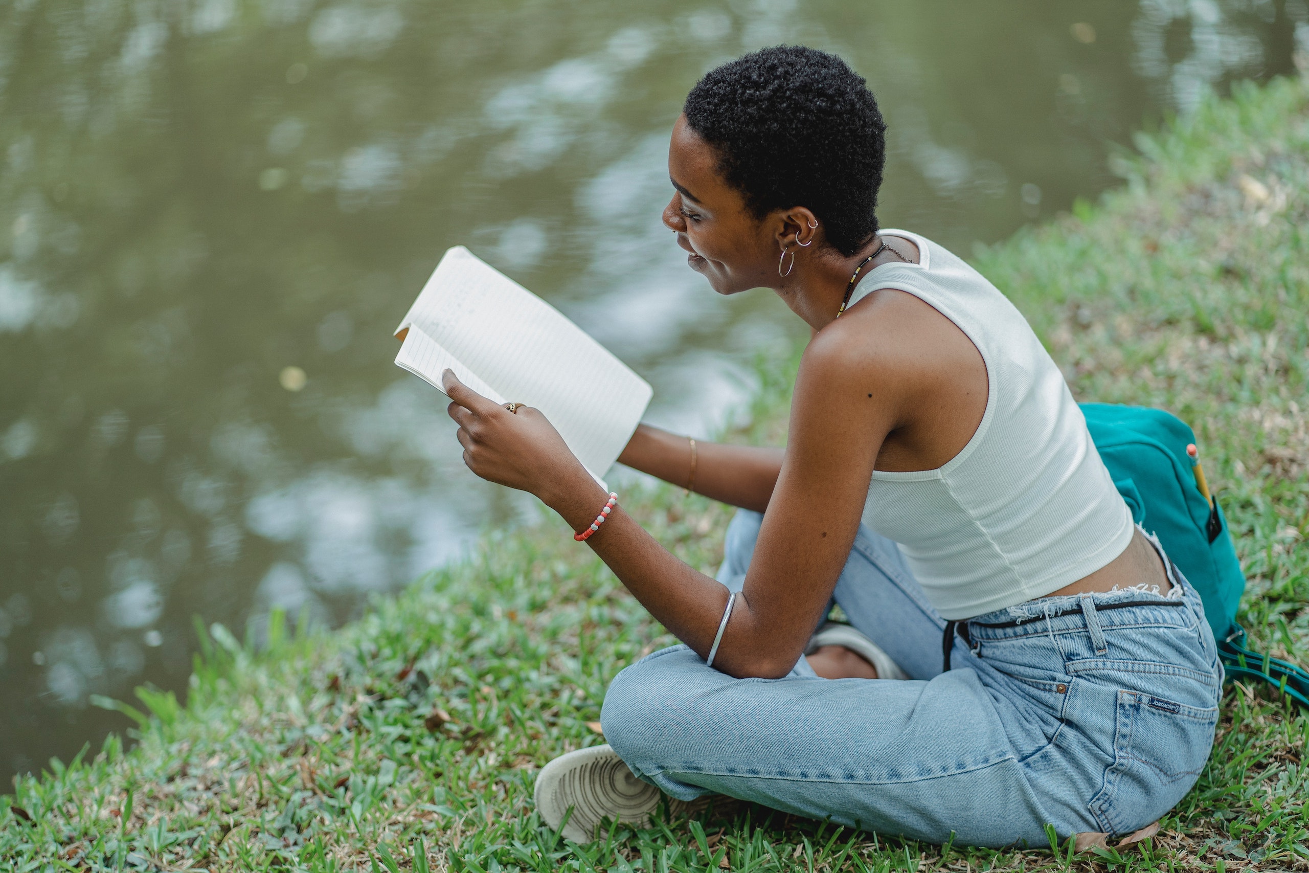 woman reading outside